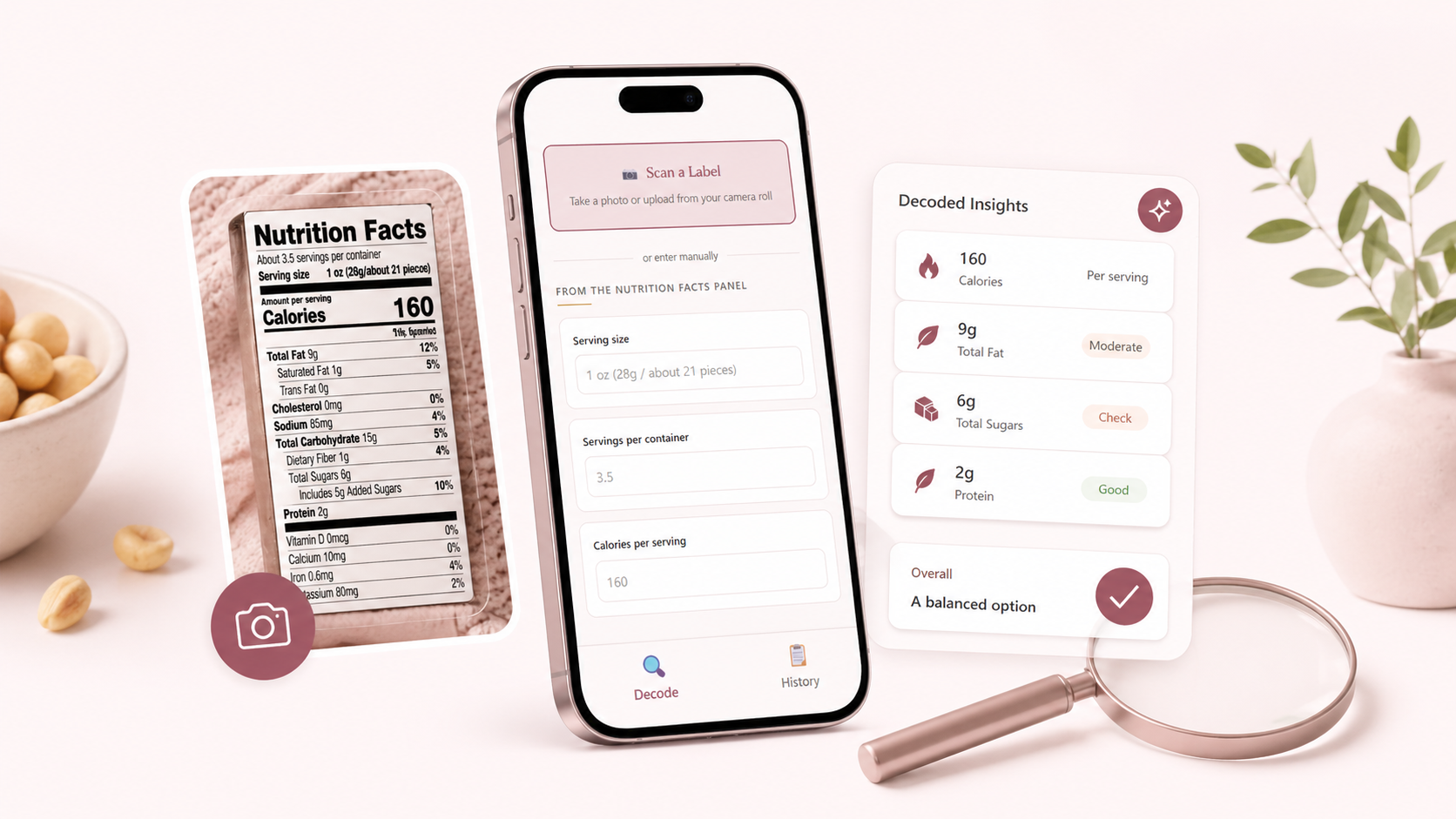 Food Label Decoder app mockup on a pink iPhone