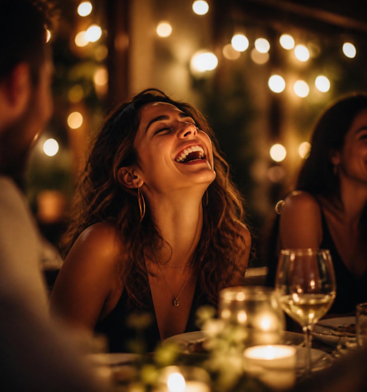 Woman laughing joyfully at a warm dinner table